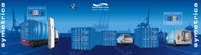 Radiation security equipment at port, surrounding cargo and shipping.